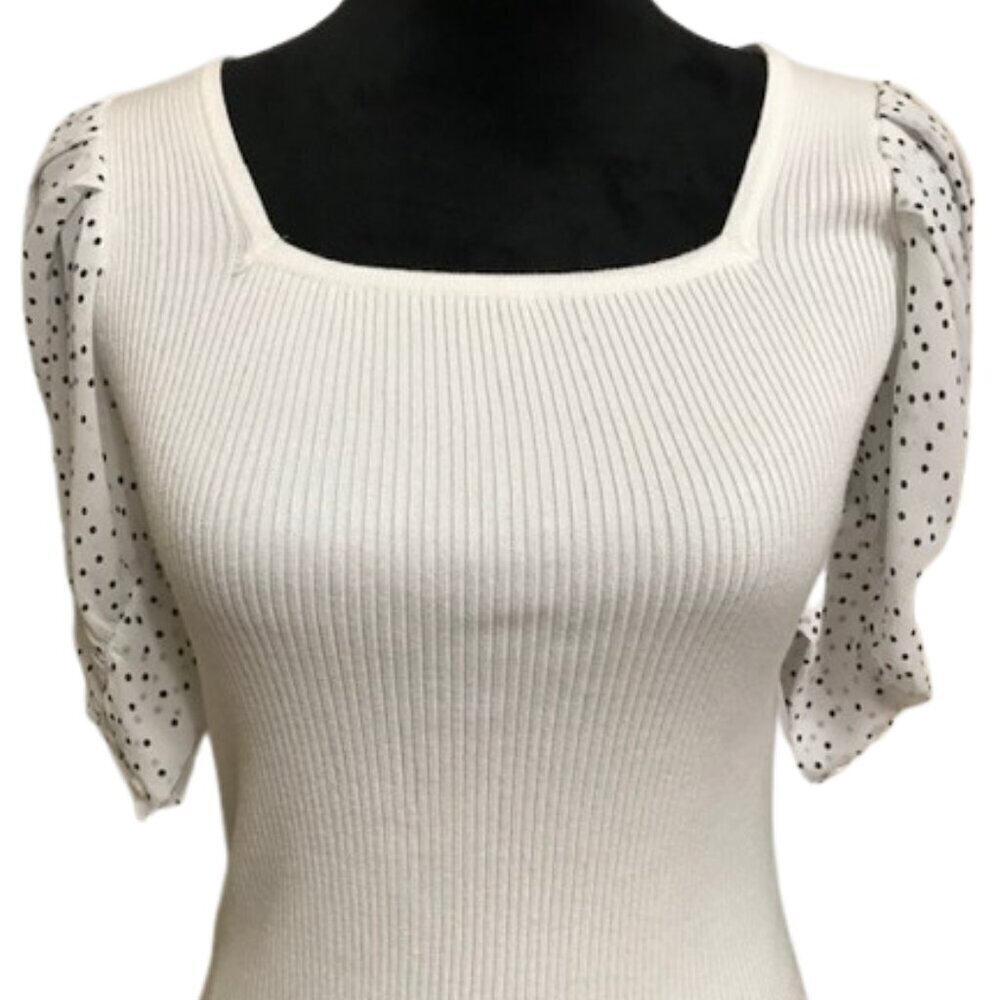 T Tahari Square Neck Elbow Length Puff Sleeve White Top Size Small Petite - Picture 4 of 9